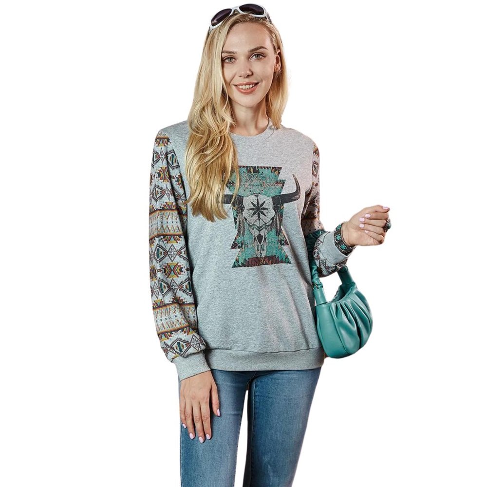 MONTANA WEST American Bling Vintage Bull Skull Aztec Sweatshirt S-XXL NWT - Picture 2 of 4